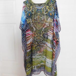 ALBERTO MALAKI CHIFFON BAROQUE PRINT CRYSTAL KAFTAN COVER UP XS